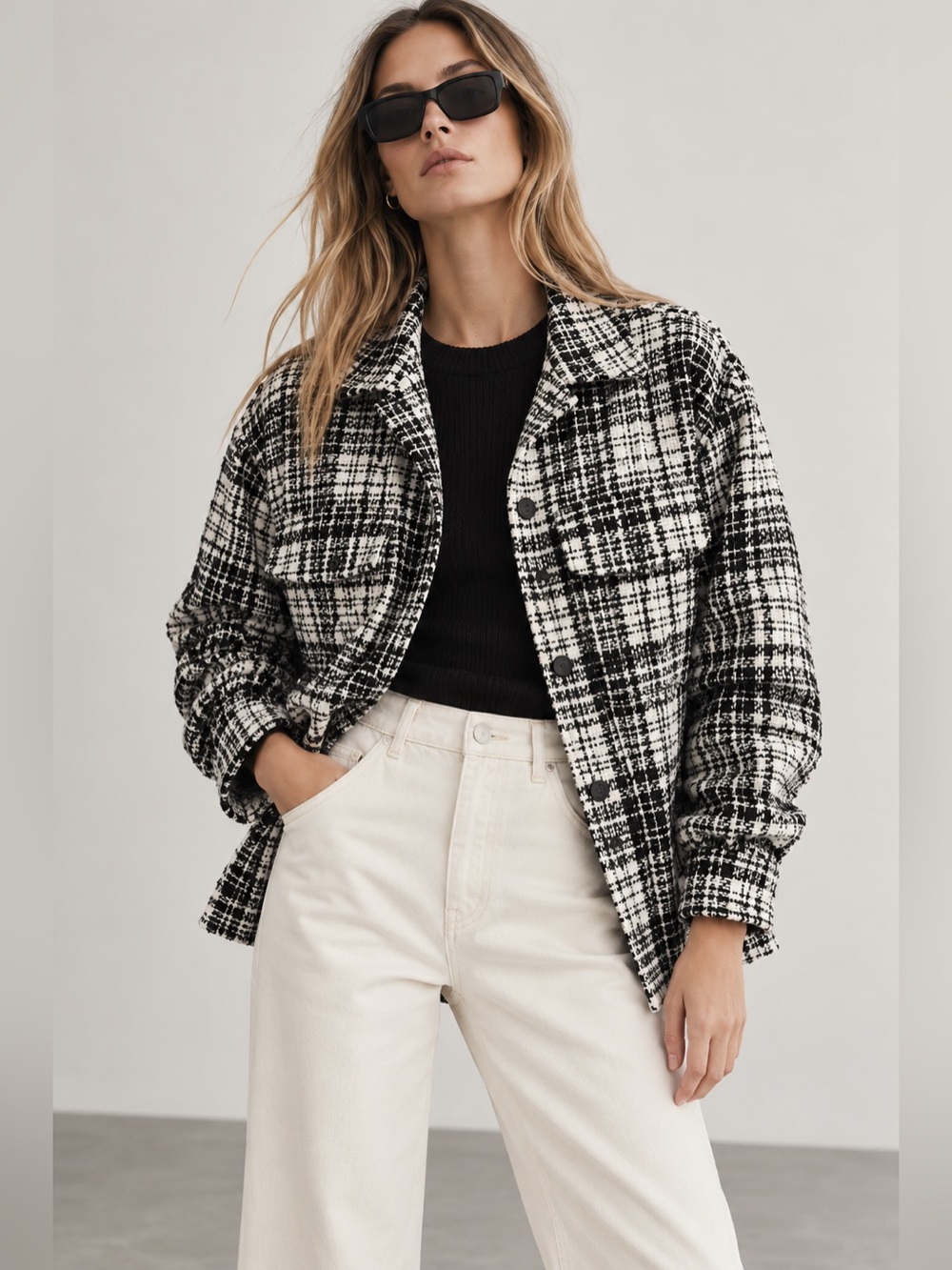 Zara Black White Plaid Tweed Oversized Shirt Jacket Shacket M